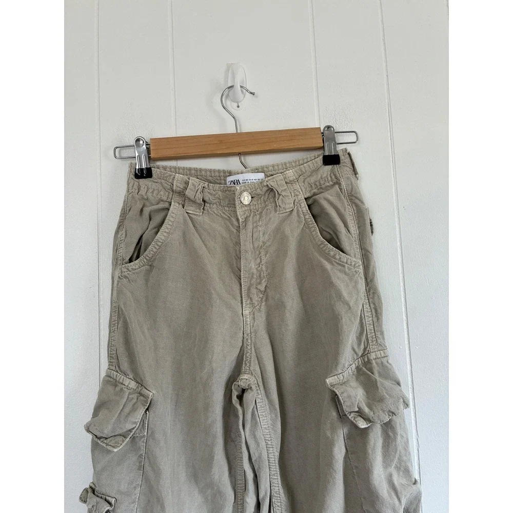 Zara Women Tan Khaki Lyocell Linen Blend Utility Cargo‎ Pants Size 0 EUR 32
